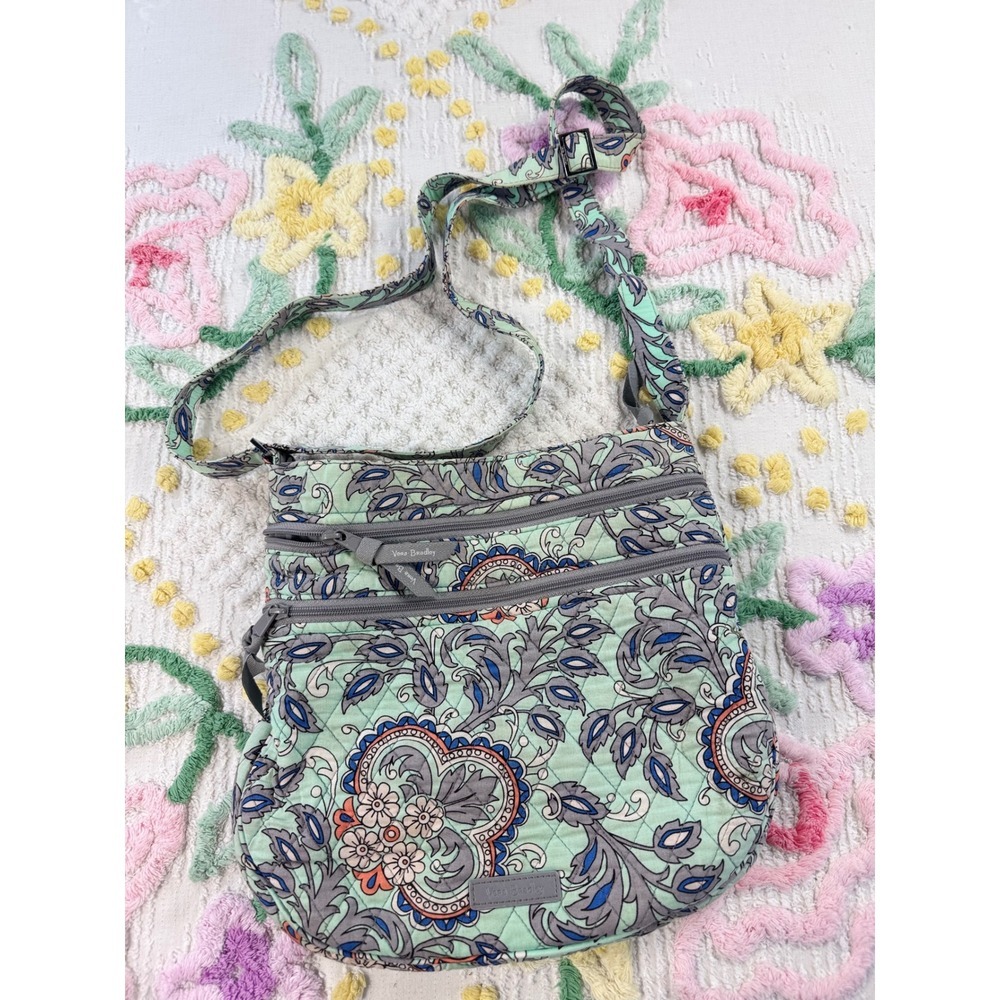Vera Bradley Quilted Crossbody Bag Mint Paisley Blue Gray Orange Floral Zip - Picture 2 of 10